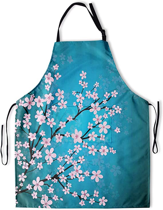 Granbey Plum Blossom Apron with 2 Pockets Pink Flowers Reflected in Water Blue Aprons with Adjustable Neck Straps Nature Colorful Floral Oil-Proof Kitchen Bib Pretty Flower Waterproof Bibs 33x28