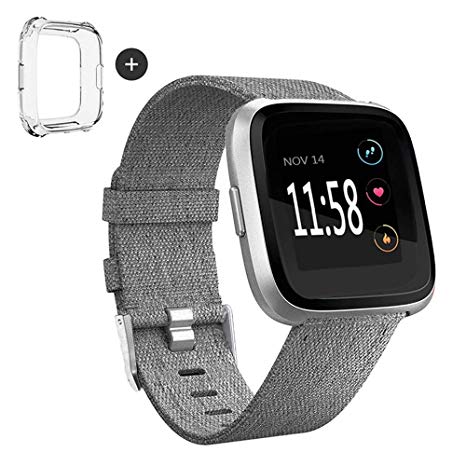 Deyo Compatible Woven Fabric Fitbit Versa Watch Bands Women Men with Protector eCase Cover Quick Releas with Classic Square Stainless Steel Buckle Bands Compatible Fitbit Versa Smartwatch