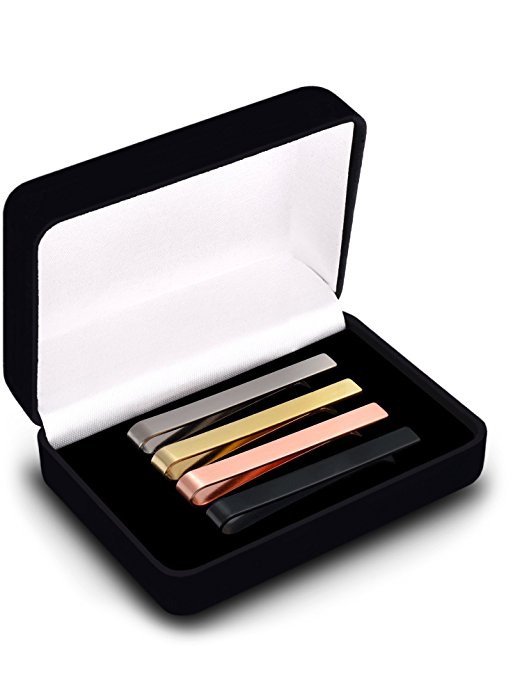 [4 Pack] Mens Tie Bar Clip in Gift Box - 2.25 Inches for Regular Ties - Silver, Black, Gold & Rose Gold