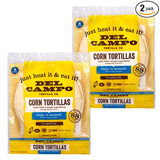 Del Campo Soft Corn Tortillas – 8 Inch Round. 100% Natural, Gluten Free and All-Corn Authentic Mexican Food. Many Serving Options: Wraps, Tacos, Quesadillas or Burritos, Kosher. (8ct.) (Pack of 2)