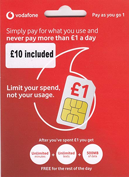 UK Vodafone SIM Card with £10 Credit preloaded, 4G Data, Voice mins and Texts to use in Europe and The UK