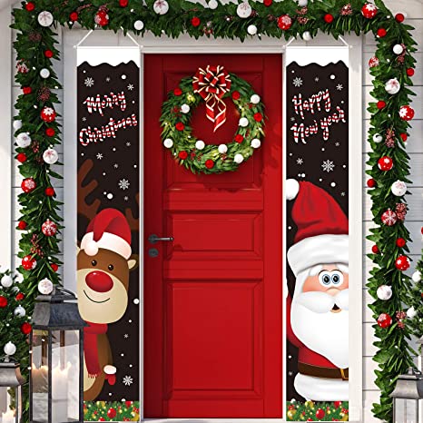 Christmas Porch Sign Santa Clause Deer Christmas Hanging Banners for Holiday Home Indoor Outdoor Porch Wall Christmas Decoration (Black)