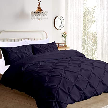 Soft Reliable Luxurious 3Pcs Pinch Pleated Duvet Cover Set Zipper Closer with Corner Ties King/Cal-King (94" x 104") Size, 100% Egyptian Cotton 800TC Stain Resistant Navy Blue Solid
