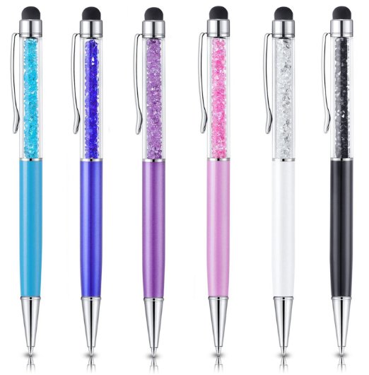 Okray 6-Pack 2-in-1 Slim Crystal Stylus and Ink Pen - Sky Blue / Pink / Purple / Royal Blue / Black / White