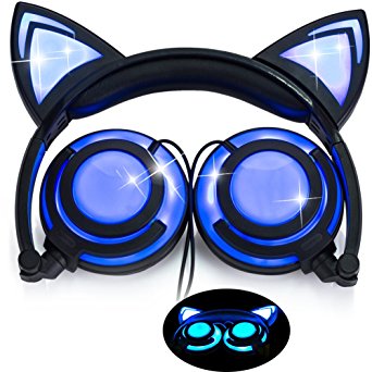 [Upgraded Version]Cat Ear Kids Headphones USB Rechargeable&LED Light Up Foldable Over Ear Headphones Headsets for Girls,Boys,Compatible for iPad,Kids Tablet (New Black)
