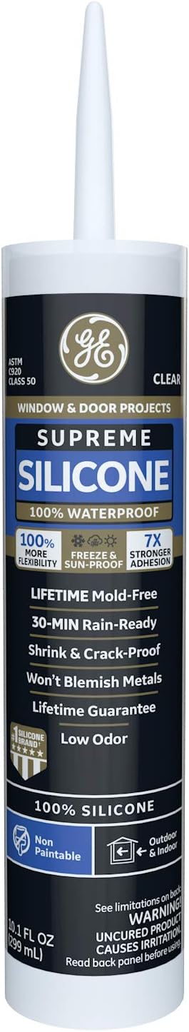 GE Supreme Silicone Caulk for Window & Door - 100% Waterproof Silicone Sealant, 7X Stronger Adhesion, Shrink & Crack Proof - 10 oz Cartridge, Clear, Pack of 1