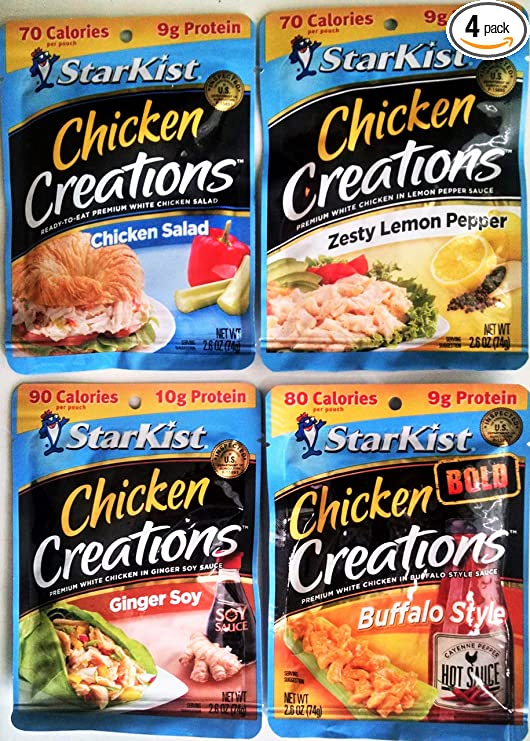 Starkist CHICKEN CREATIONS Ultimate Variety 4 Pack, NEW for 2018! 1 Pack each of CHICKEN SALAD, ZESTY LEMON PEPPER, BUFFALO STYLE, GINGER SOY   FREE pack of silver plastic utensils. 2.6 oz.