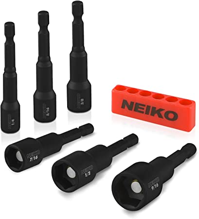 Neiko 10190A Impact Ready Magnetic Nut Driver Bit Set | 6 Piece | SAE | 1/4” to 9/16” | 2-9/16” Length | Cr-V