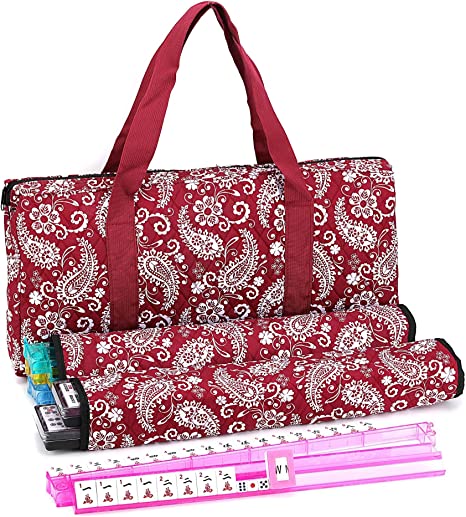 Mose Cafolo American Mahjong Set Complete Mah Jongg Game Set Red Burgundy Paisley Soft Bag 166 Tiles with 4 All-in-One Rack/Pushers (Mah Jong Mahjongg Ma Jong)