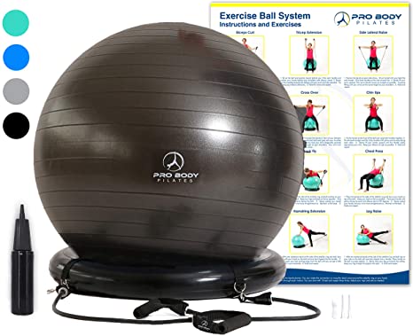 Exercise Ball Chair System - Yoga and Pilates 65 cm Ball with Stability Base and Workout Resistance Bands for Gym, Home, or Office