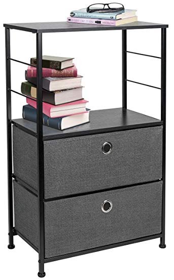 Sorbus Nightstand 2-Drawer Shelf Storage - Bedside Furniture & Accent End Table Chest for Home, Bedroom, Office, College Dorm, Steel Frame, Wood Top, Easy Pull Fabric Bins (Black/Charcoal)