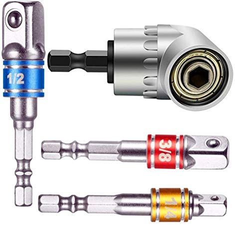 105 Degree Right Angle Drill Adapter Attachment 1/4" Drive 6mm Hex Magnetic Bit Socket Screwdriver Holder Adaptor,Impact Grade Socket Wrench Adapter Extension Set,3Pcs 1/4" 3/8" 1/2"Hex Bits Set