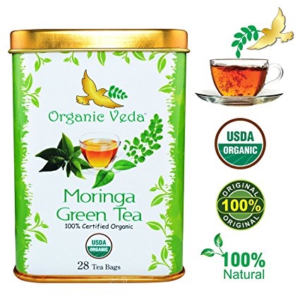 Organic Moringa Green Tea - 28 Bags. USDA Certified Organic. Rich in Antioxidants and Daily Needed Essential Nutrients. No Artificial Flavors or Preservatives. All Natural!