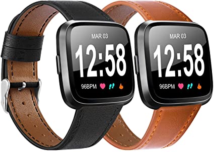 Vancle Leather Band Compatible with Fitbit Versa Bands, Fitbit Versa Lite/Versa 2 Leather Bands and Fitbit Versa SE Accessories Bands for Women Men