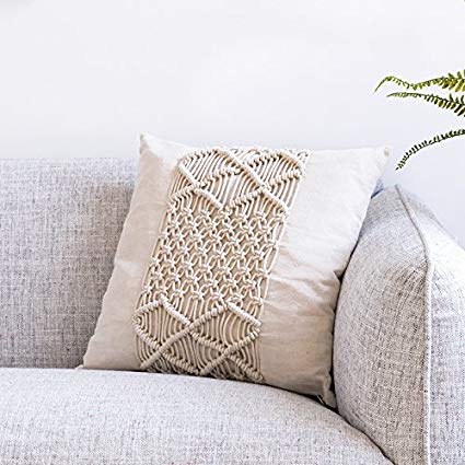 RISEON Bohemia Handmade Cotton Macrame Throw Pillow Cases Cover Pillowcases for Couch Sofa Boho Home Decor gift-18 x 18 inches,Off White (C)