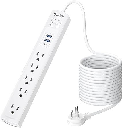 15ft Surge Protector Power Bar with USB C, TROND Flat Plug Extension Cord Indoor, 5 Outlet Splitters 3 USB Chargers, Small Travel Power Strip, Wall Mount, Dorm Room Essentials, Office Desk Accessories