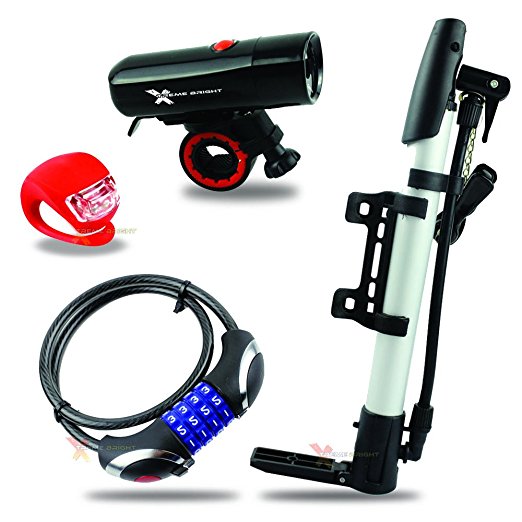 Xtreme Bright All-In-One LED Bike Kit; Bike Headlight, Bike Taillight, Cable Bike Lock & Hand Pump, Durable Combination