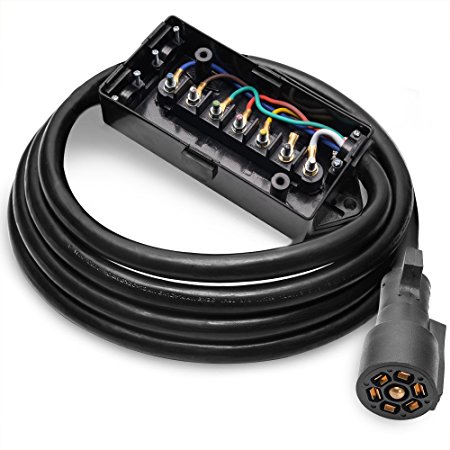 MICTUNING Heavy Duty 7 Way Plug Inline Trailer Cord with 7 Gang Junction Box - 8 Feet, Weatherproof