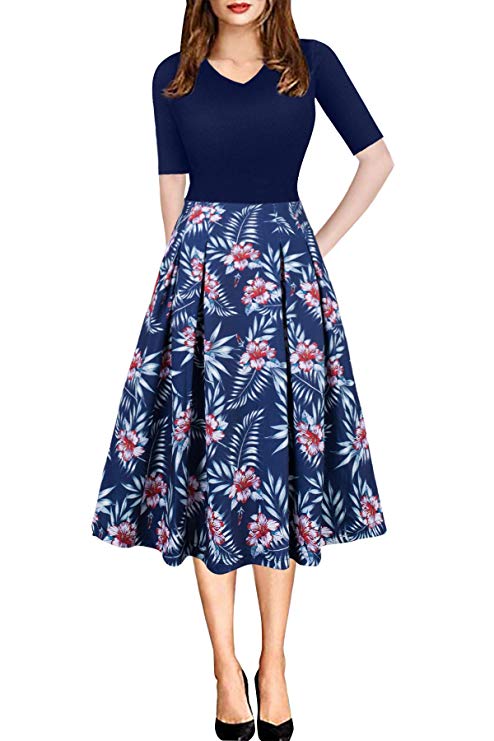 Women Vintage Casual Swing 3/4 Sleeve Patchwork Floral Midi Dress with Pockets for Work
