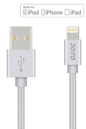 Lightning to USB Cable Heavy Duty Nylon Braided Apple MFi Certified JOTO Lightning Cable 33ft long Data Sync Charge Cable for iPhone 6S 6 Plus 6 5s 5c 5 iPad Pro Air 2 mini 4 iPod Silver