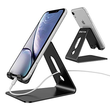 [Updated Solid Version] OMOTON Desktop Cell Phone Stand Tablet Stand, Advanced 4mm Thickness Aluminum Stand Holder Mobile Phone Tablet (up to 10.1 inch), Black