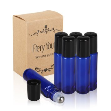 Fiery Youth Blue Glass Roller Bottles with Stainless Steel Roller Balls,Useful for Aromatherapy PerfumesAand Lip Balms, Solid Blue Glass, 6 Bottle Set,10ml，Essential Oils Glass Roll on Bottle