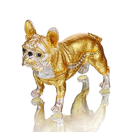 YUFENG Gold Bulldog Trinket Box Enameled Pewter Bejeweled Gift for Dog Lover Keepsake Ornament