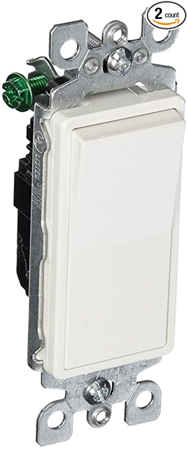 Leviton 5601-2WM 2 Pack 15Amp 120/277V Decora Rocker Single Pole AC Quiet Switch, White