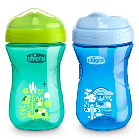 Chicco Rim Spout Trainer Spill Free Bite Poof Rim Baby Sippy Cup, 9 Months , Blue/Teal, 9 Ounce (Pack of 2)