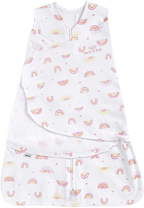 HALO 100% Cotton Sleepsack Swaddle, 3-Way Adjustable Wearable Blanket, TOG 1.5, Sunshine Rainbows, Small, 3-6 Months