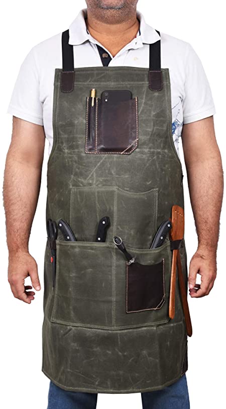 One Size Fits Utility Apron | Adjustable Cross-Back Straps | Multi-Use Shop Apron With Tool Pockets in a GiftBox By Aaron Leather