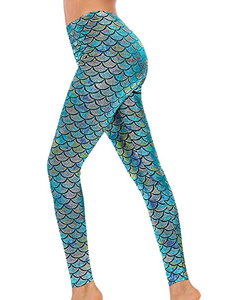 Alaroo Halloween Shiny Fish Scale Mermaid Leggings for Women Pants S-4XL