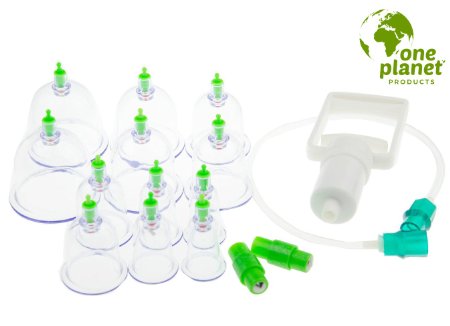 Cupping Therapy Set By One Planet 12-Pieces Biomagnetic Chinese Body Therapy Pain Relief Cellulite Treatment Professional Kit With Pumping Handle Heal Yourself Today