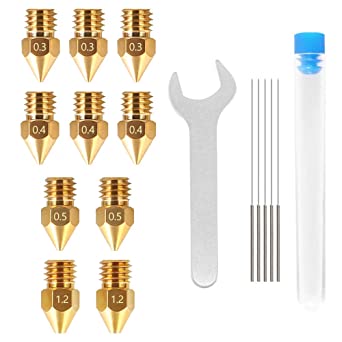 Creality Official Upgrade 3D Printer Pack Extruder Nozzles 3D Printer Nozzles for MK8 Extruder Nozzles 0.3mm, 0.4mm, 0.5mm, 1.2mm with Cleaning Tool Kit Spanner for Makerbot Creality Ender 3 5 CR-10