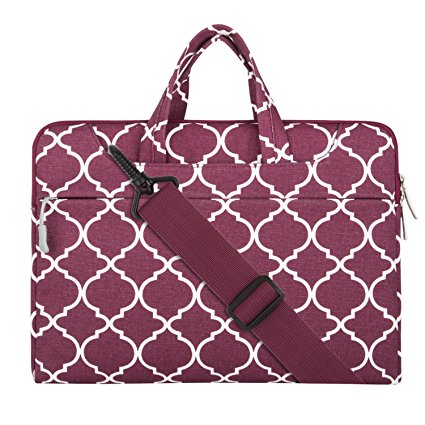 Mosiso Laptop Shoulder Bag for 15 Inch New MacBook Pro with Touch Bar A1707 2017/2016, Also Fit 14 Inch Notebook Ultrabook, Quatrefoil Canvas Briefcase Carrying Handbag Sleeve Case Cover, Wine Red