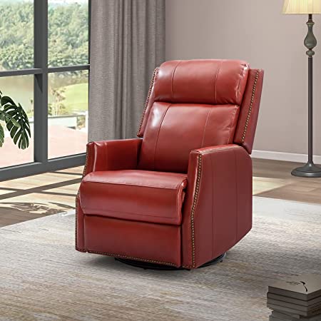 HULALA HOME Genuine Leather Swivel Rocker Recliner with Metal Base, Manual Glider Recliner Chair with Adjustable Backrest & Footrest, Modern Home Theater Lounge Sofa Armchair for Living Room, Red