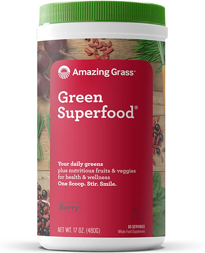 Amazing Grass Berry Flavor Drink Powder, 60 Servings, Green Super Food, 17-Ounce Container, 1.025-Inch