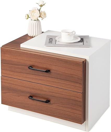 Giantex Modern Two Drawer Bedside Table, Home Nightstand Storage Table, Compact Wooden End Table, Vertical Side Table with 2 Drawers for Living Room, Bedroom, Walnut & White