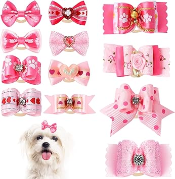 Sliverdew 12 Pieces Small Dog Hair Bows,Pink Puppy Bows with Rubber Bands Cute Dog Bows Pet Headdress with Rhinestones Lace Bowknot Grooming Pet Hair Accessories for Puppy Kitten