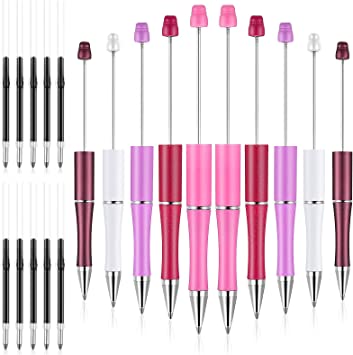 10 Pieces Plastic Beadable Pen Bead Ballpoint Pen Assorted Bead Pen Shaft Black Ink Rollerball Pen with Extra Refills for Kids Students Office School Supplies (Pink Purple Series)