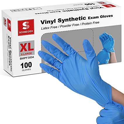Schneider Vinyl Synthetic Exam Gloves, Blue, Latex-Free, Powder-Free, Disposable Gloves for Medical, Food Prep, Cleaning,4mil