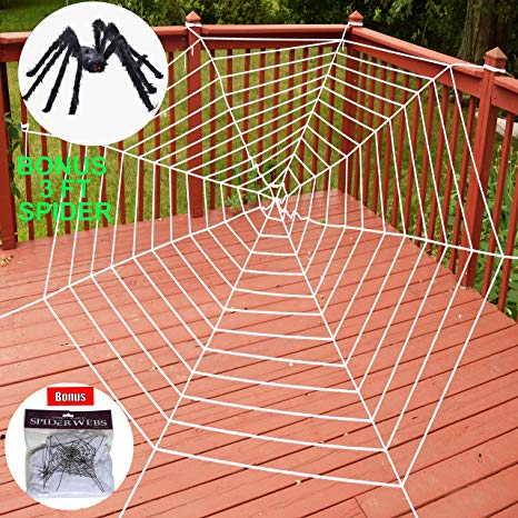 Halloween Giant 16 Feet Round Spider Web with 3 Feet Big Black Hairy Spider and Super Stretch Cobwebs Halloween Indoor and Outdoor Decorations
