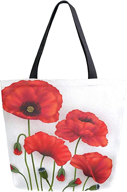 Naanle Floral Flower Canvas Tote Bag Large Women Casual Shoulder Bag Handbag, Poppy Reusable Multipurpose Heavy Duty Shopping Grocery Cotton Bag for Outdoors.