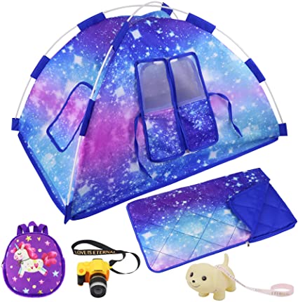 Ecore Fun 5 Items American 18 inch Dolls Camping Tent Set and Accessories Including 18 Inch Doll Tent, Doll Sleeping Bag, Doll Backpack, Toy Camera and Dog