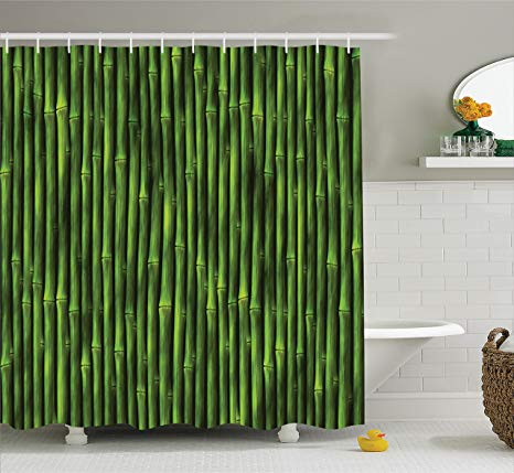 Ambesonne Bamboo Shower Curtain, Bamboo Stems Pattern Tropical Nature Inspired Background Print Asian Wildlife Zen Decor, Polyester Fabric Bathroom Shower Curtain Set, 70 Inches Long, Green