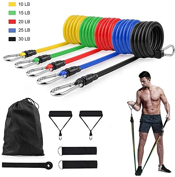SUNVITO 11 Pack Resistance Bands Set, 5 Stackable Exercise Bands with Door Anchor, 2 Metal Foot Ring & Carrying Case & 2 Foam Handle, Home Workouts Gym Resistance Training Physical Therapy