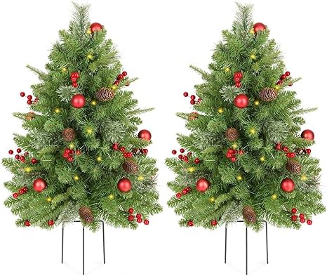 KING BIRD 2 Set 30 Inch Outdoor Christmas Tree, Pre-Lit LED Christmas Porch Decorations Outdoor Tree, 260 Branch Tips Lush, Pine Cones, Red Berries and Red Ball