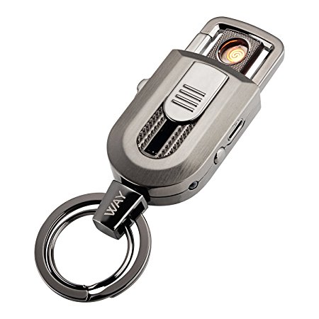 Cigarette Lighter Keyring, VVAY Electric Coil Lighter Keychain Windproof Flameless Usb Rechargeable with Mini Led Flashlight for Man Metal Black
