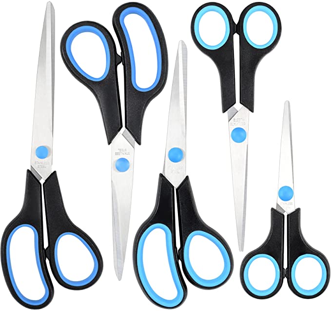 Multipurpose Sharp Scissors Set of 5, Premium Stainless Steel Blades, Comfort Grip Handles, Fabric Craft Scissors for Office School and Home, Right/ Left handed, 5.5/6.8/7.6/8/9.5inch (Black, Blue)