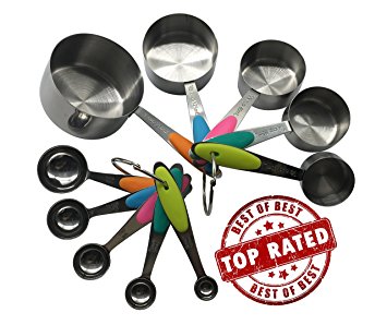 Measuring Cups and Spoons Set from Gozbit - 11 Piece - Stainless Steel with Multi-Colored Silicone Inserts - including Red Spatula